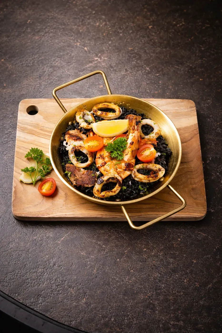 Black seafood paella served in a copper pan
