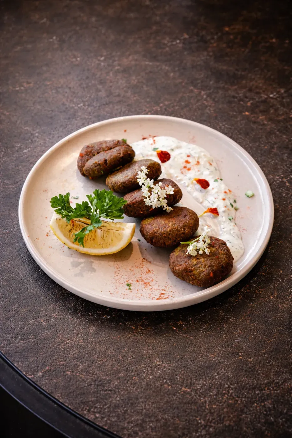 Falafel plate with tzatziki and fresh herbs