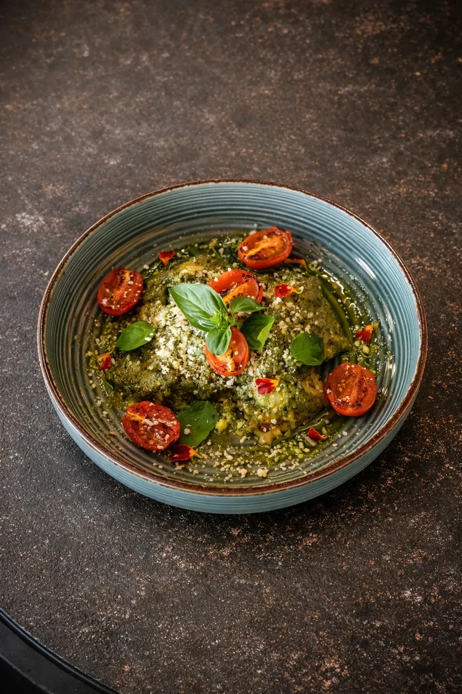 Pesto pasta with roasted cherry tomatoes