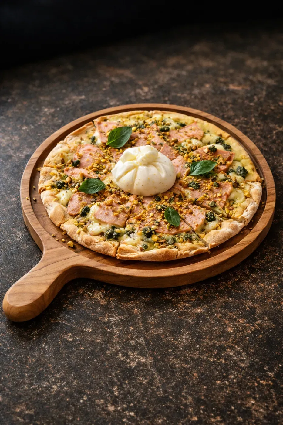 Pistachio and mortadella pizza with burrata