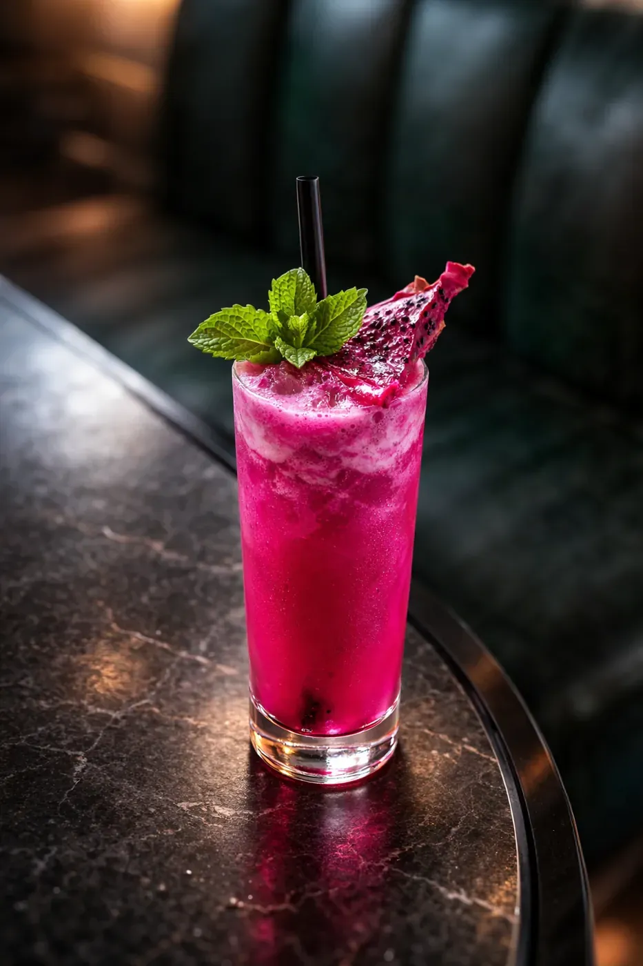 Vibrant pink dragon fruit cocktail with mint