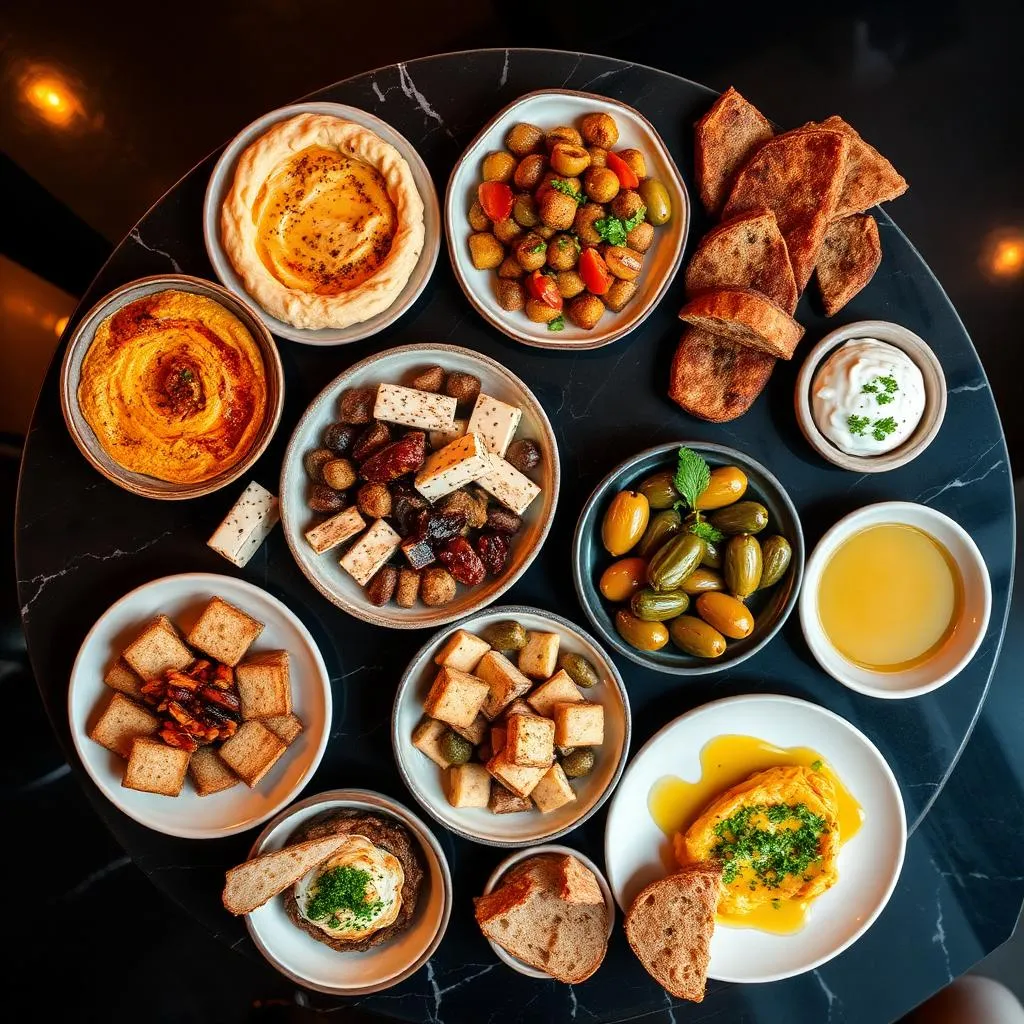 Mediterranean plates with mezze, grilled lamb and fresh vegetables