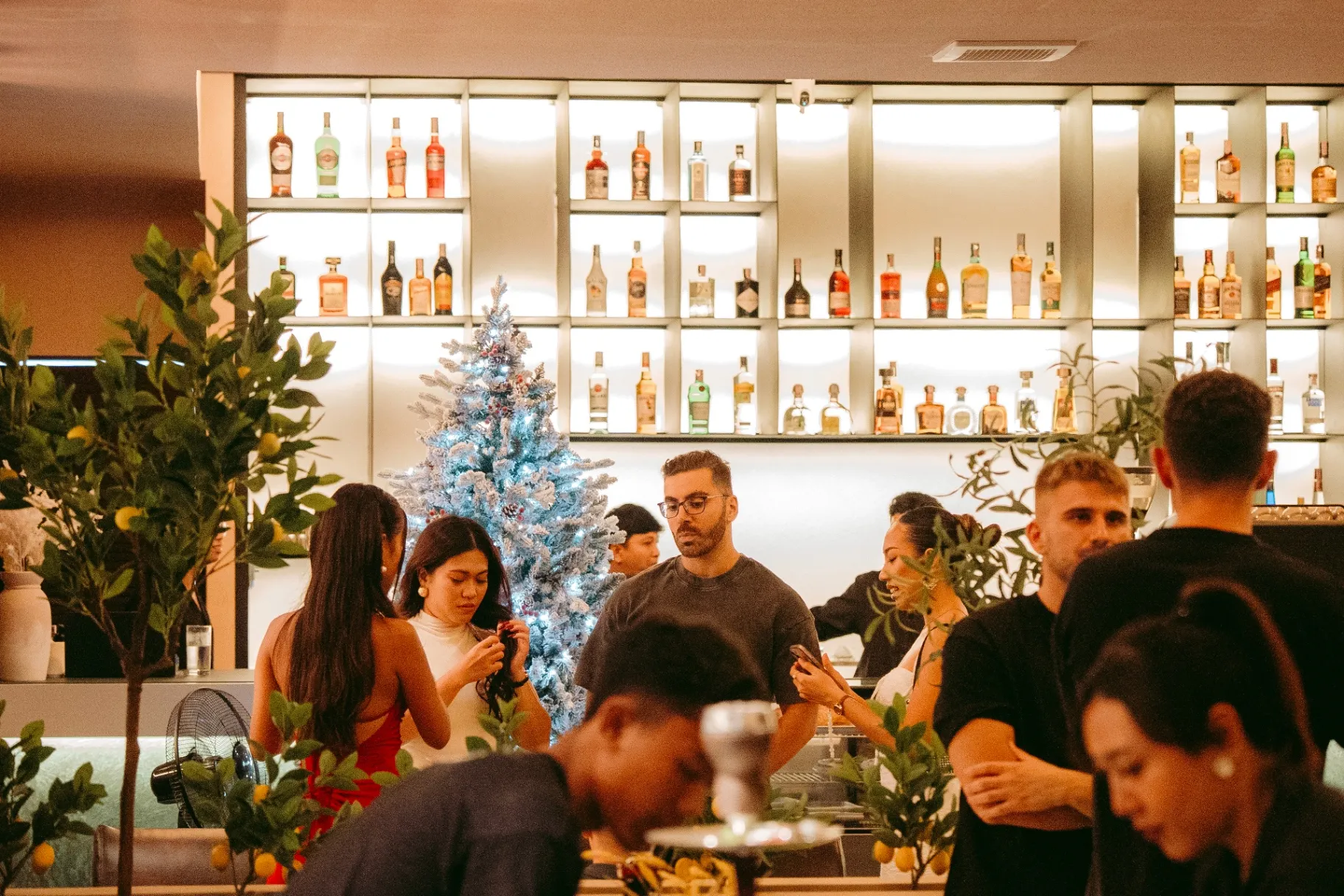 Guests mingling at bar during private event