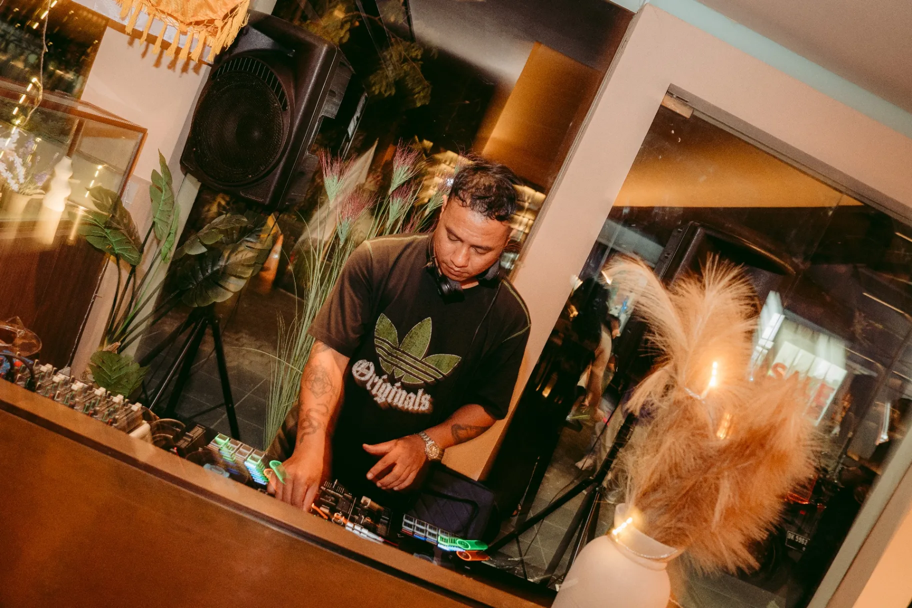 DJ performing at private event with lush decor