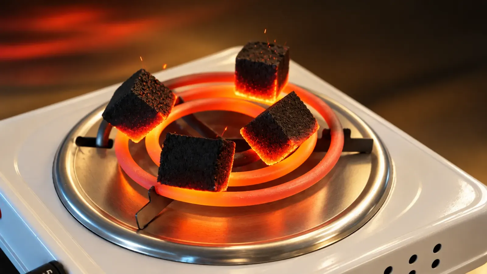 Natural coconut coals heating for a shisha session at Maison Almaz, Canggu