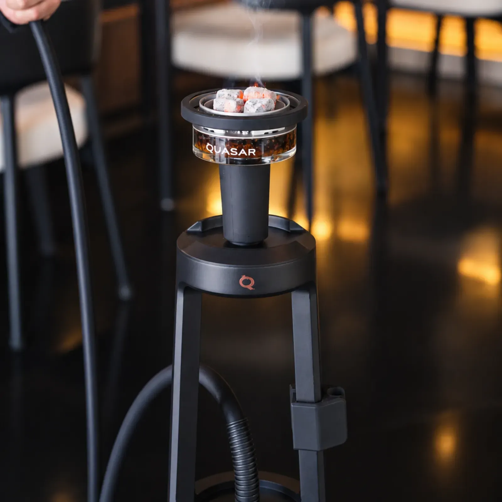 Quasar Raas 2 glass shisha head with glowing coals at Maison Almaz, Canggu