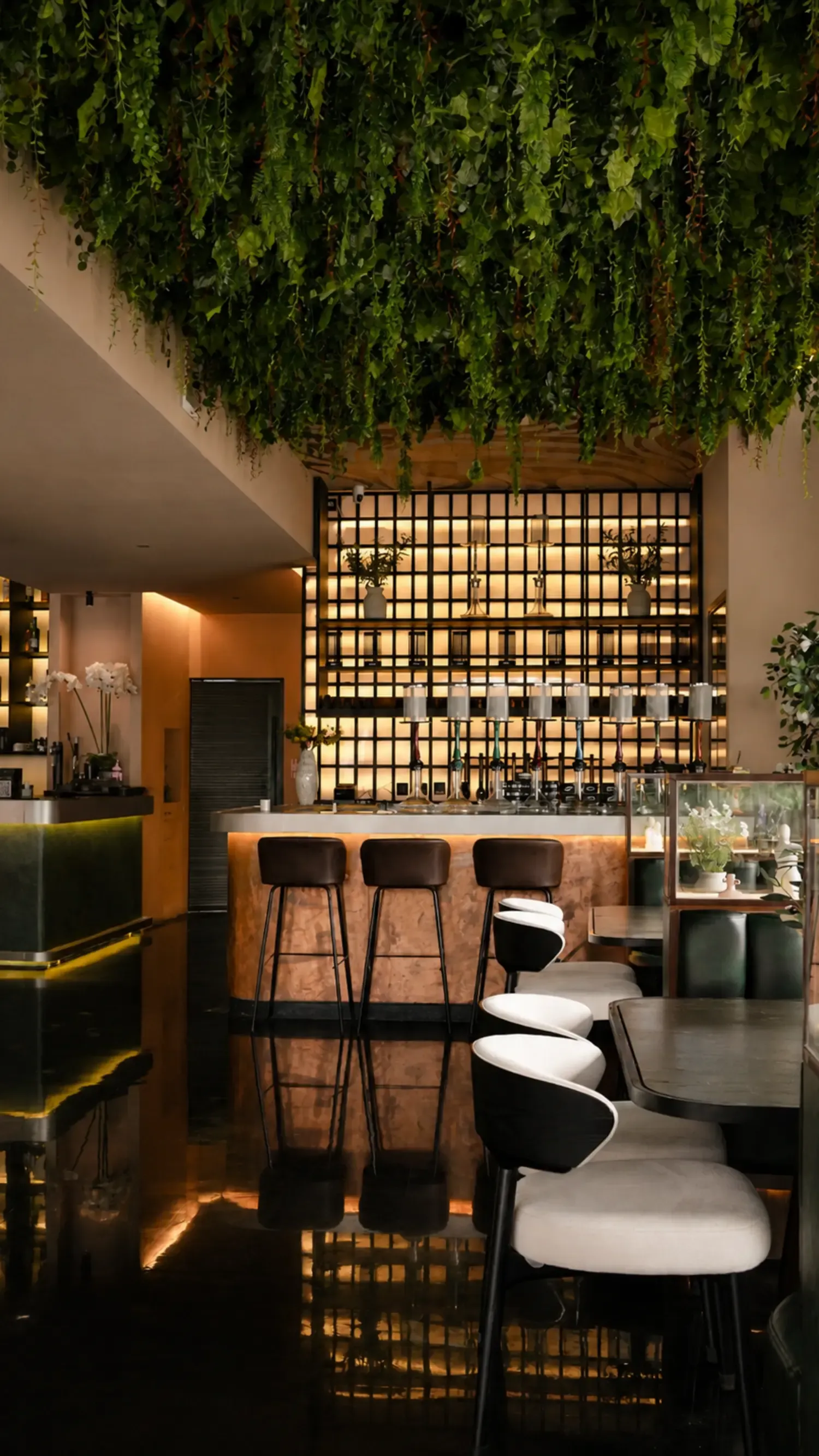 The bar with stools and backlit shelving at Maison Almaz, Canggu