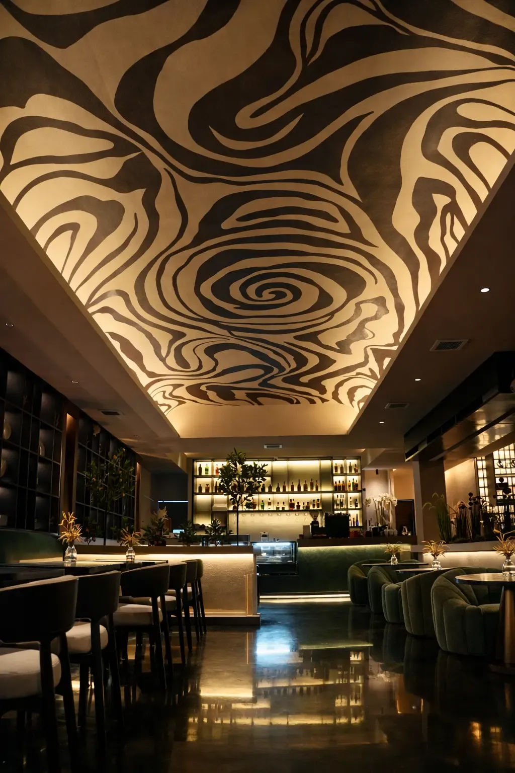 The main dining room and sculpted ceiling at Maison Almaz, Canggu