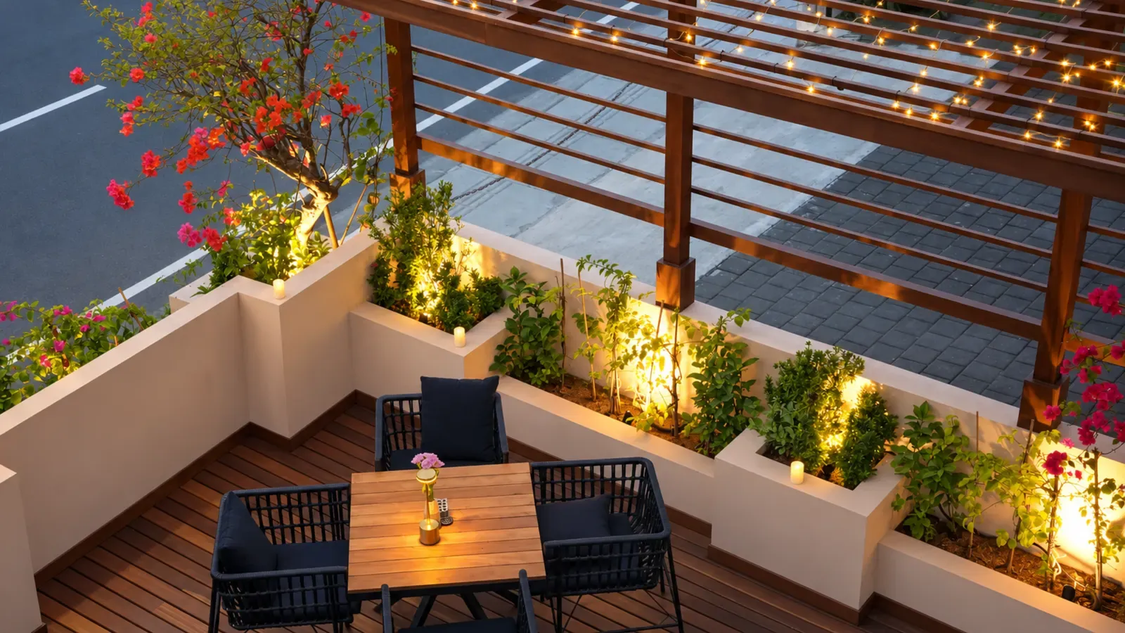 The open-air terrace with bougainvillea and set tables at Maison Almaz, Canggu