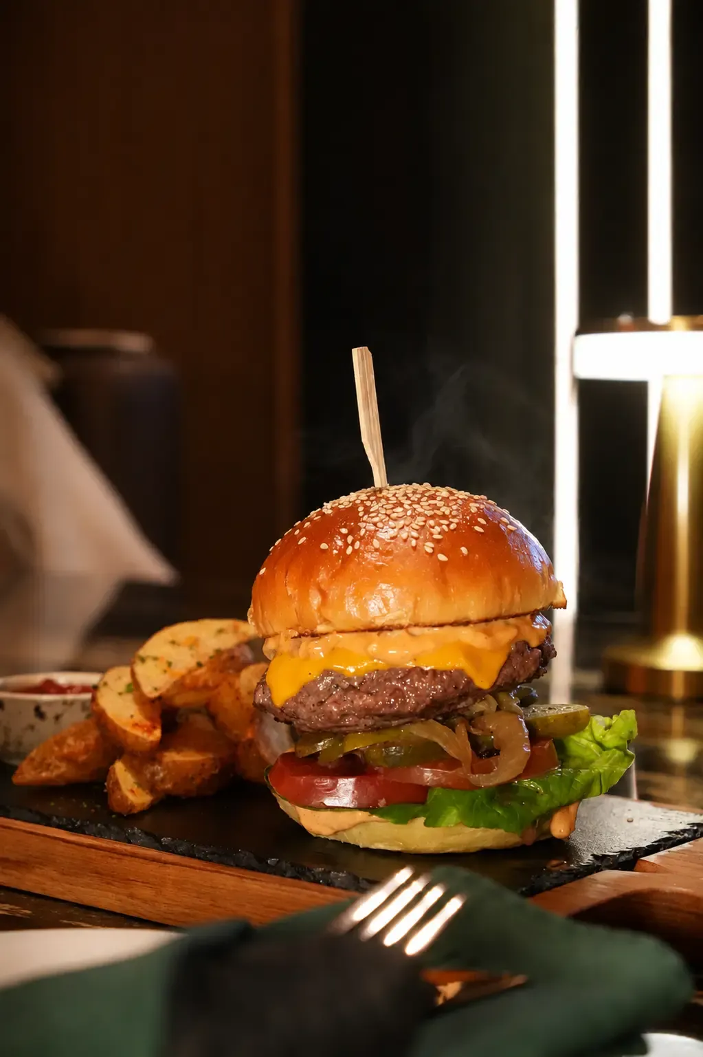 Gourmet burger served in the Private Room at Maison Almaz, Canggu